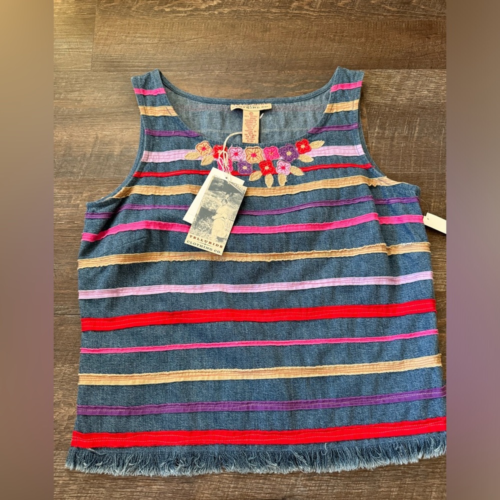 NWT Denim Telluride Clothing Co Tank Top Sz 12 w/ Floral Embellishments